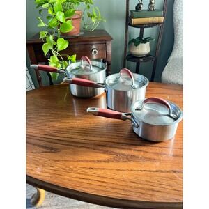 NapaStyle Stainless Steel Copper Bottom Saucepan Pot Set with Lids 3 Piece Red